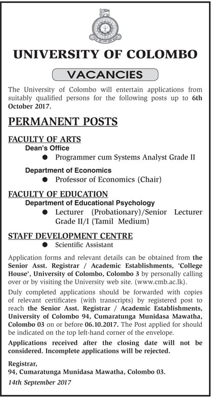 Programmer cum System Analyst, Professor, Lecturer, Scientific Assistant - University of Colombo